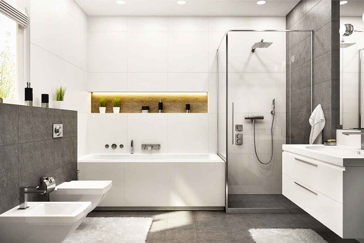 Salle de bain complète douche baignoire ton blanc gris